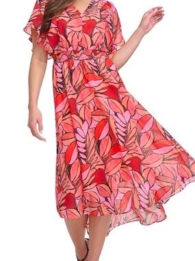 DKNY Flutter Sleeve V-Neck Midi Dress in Coral Leaf Print